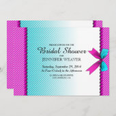 明るい赤紫色ピンク&アクアティール（緑がかった色）ネオンドット、ボウ、リボン 招待状 (正面/裏面)