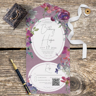 明るい赤紫色ピンク&パープルボホフローラQRコード オールインワン招待状