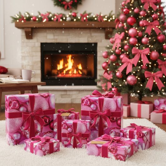 明るい赤紫色ファンタジーの組み合わせクリスマスオーナメント ラッピングペーパー