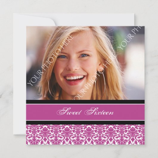 明るい赤紫色フォト16thバースデーパーティ招待状 招待状 (正面)