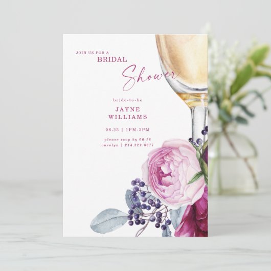 明るい赤紫色フローラシャンパンエレガントブライダルシャワー 招待状 (スタンド正面)