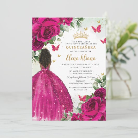 明るい赤紫色フローラブラウンプリンセスキンセアニラスウィート16 招待状 (スタンド正面)