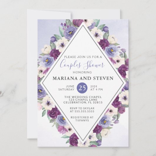 明るい赤紫色フローラ結婚のカップルのシャワー 招待状 (正面)