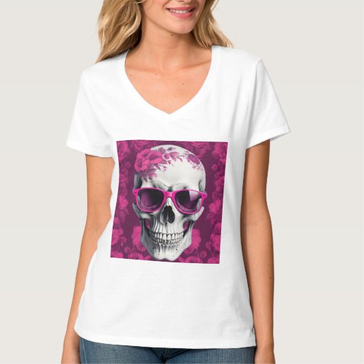 明るい赤紫色フローラ3Dデッドスカル着用サングラス Tシャツ (正面)