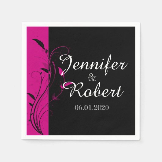 明るい赤紫色ブラックフローラフィ結婚リグリーのナプキン スタンダードカクテルナプキン (正面)