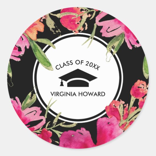 明るい赤紫色ブラックフローラ卒業 ラウンドシール (正面)