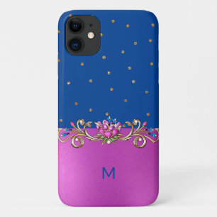 明るい赤紫色ブルーと金ゴールド宝石モノグラムの iPhone 11 ケース