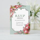 明るい赤紫色プロテアとグリーン&金ゴールドリボン 出欠カード (スタンド正面)