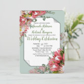 明るい赤紫色プロテアとグリーン&金ゴールドリボン 招待状 (スタンド正面)