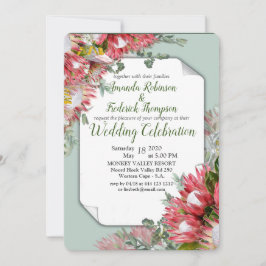 明るい赤紫色プロテアとグリーン&金ゴールドリボン 招待状