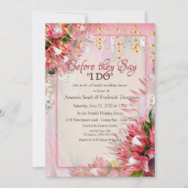 明るい赤紫色プロテアと赤面&金ゴールドウェディングシャワー 招待状