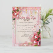 明るい赤紫色プロテアと赤面&金ゴールドウェディングシャワー 招待状 (スタンド正面)