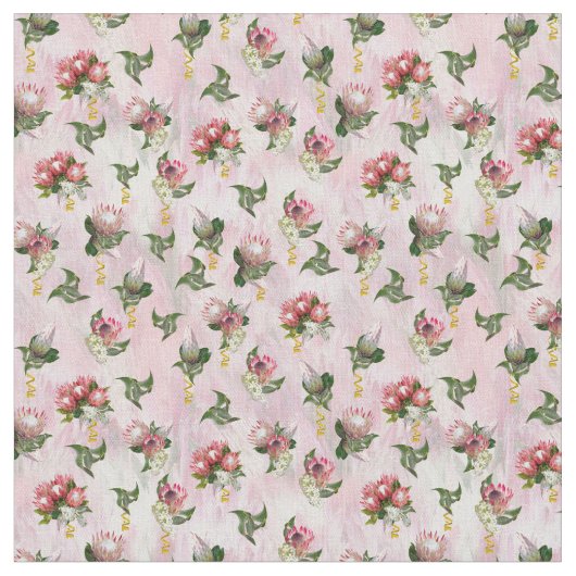 明るい赤紫色プロテアの花の花房とセージ離れの ファブリック (クローズアップ)