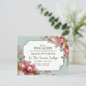 明るい赤紫色プロテアズグリーン&金ゴールドリベン婚約 インビテーションポストカード (スタンド正面)