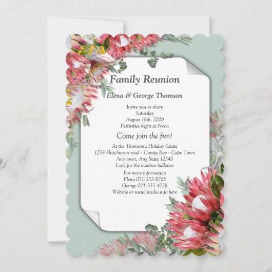 明るい赤紫色プロテアフラワーブークス懇親会 招待状 (正面)