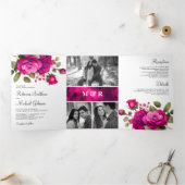 明るい赤紫色ホットピンクバラフォトコラージュ結婚ズ 三つ折り招待状 (内部)