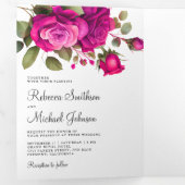 明るい赤紫色ホットピンクバラフォトコラージュ結婚ズ 三つ折り招待状 (内部最初)