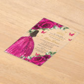 明るい赤紫色ホットピンクバラフローラキンセアニラスウィート16 アクリル招待状 (レイダウン)