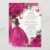 明るい赤紫色ホットピンクバラフローラキンセアニラスウィート16 招待状 (正面/裏面)