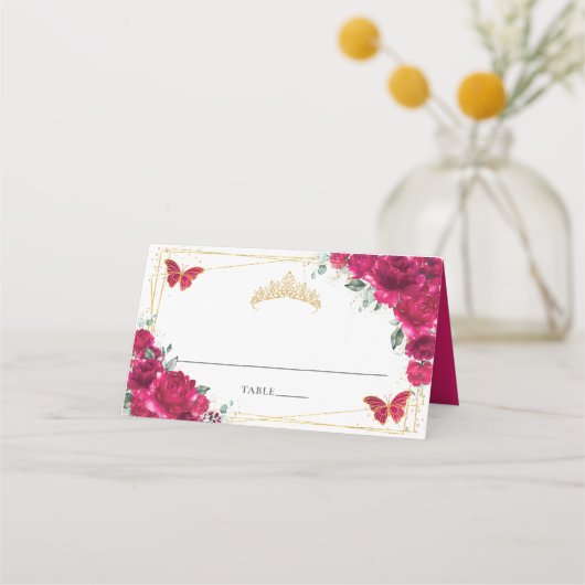 明るい赤紫色ホットピンクフローラキンセアニラ16誕生日 プレイスカード (正面)