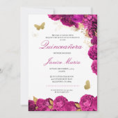 明るい赤紫色ホットピンク金ゴールドフローラバタフライキンセアニラ 招待状 (正面)