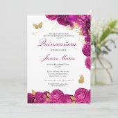 明るい赤紫色ホットピンク金ゴールドフローラバタフライキンセアニラ 招待状 (スタンド正面)