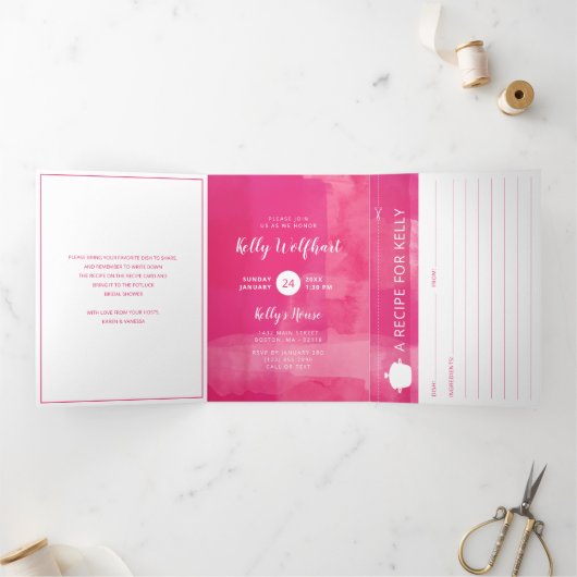明るい赤紫色ポトラックブライダルシャワーとレシピカード 三つ折り招待状 (内部)