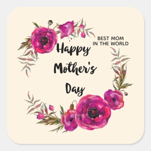 明るい赤紫色ポピーフローラリースハッピーマザーズデイ スクエアシール (正面)