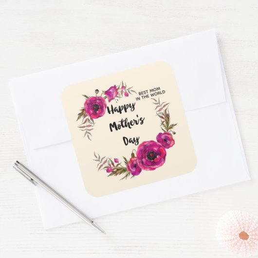 明るい赤紫色ポピーフローラリースハッピーマザーズデイ スクエアシール (封筒)