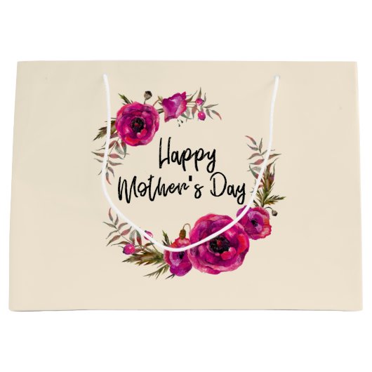 明るい赤紫色ポピーフローラリースハッピーマザーズデイ ラージペーパーバッグ (正面)