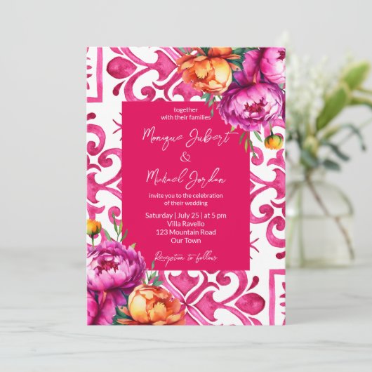 明るい赤紫色マジョリカのタイルのオレンジ色の牡丹すべて1つ 招待状 (スタンド正面)