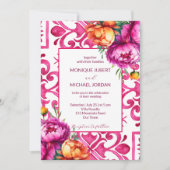 明るい赤紫色マジョリカのタイルのオレンジ色の牡丹すべて1つ 招待状 (正面)
