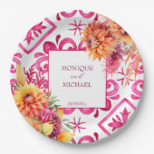 明るい赤紫色マジョリカタイルオレンジダリアテンプレート ペーパープレート (正面)