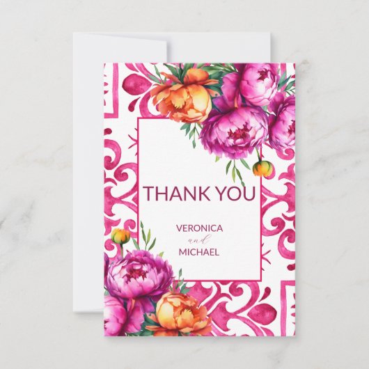 明るい赤紫色マジョリカタイルオレンジ牡丹 サンキューカード (正面)
