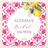 明るい赤紫色マジョリカマゼンタタイルブライダルシャワー スクエアペーパーコースター (正面)