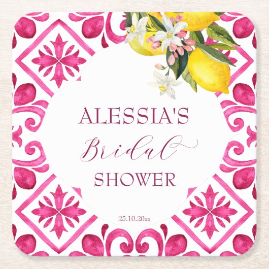 明るい赤紫色マジョリカマゼンタタイルブライダルシャワー スクエアペーパーコースター (正面)