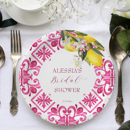 明るい赤紫色マジョリカマゼンタタイルブライダルシャワー ペーパープレート