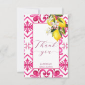 明るい赤紫色マジョリカマゼンタタイルレモンブライダルシャワー サンキューカード (正面)