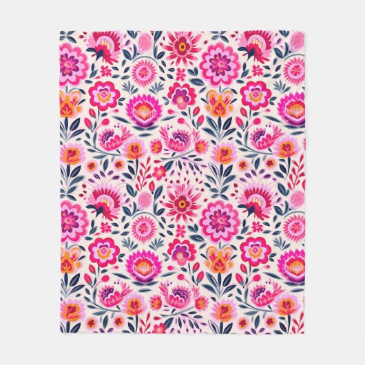 明るい赤紫色メキシコの花のパタ鮮やかーン フリースブランケット (正面)