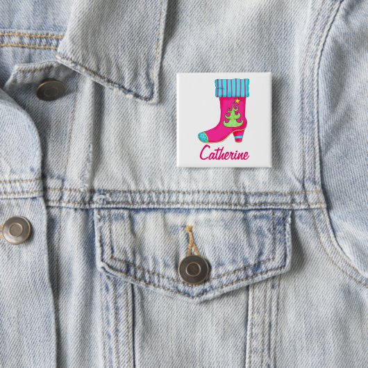 明るい赤紫色メリークリスマスストッキング名バッジ 缶バッジ (インサイチュ)