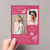 明るい赤紫色モダンバタフライ写真卒業パーティー アクリル招待状 (インサイチュ (ポータブル))