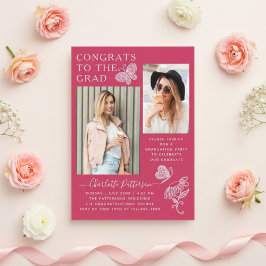 明るい赤紫色モダンバタフライ写真卒業パーティー アクリル招待状