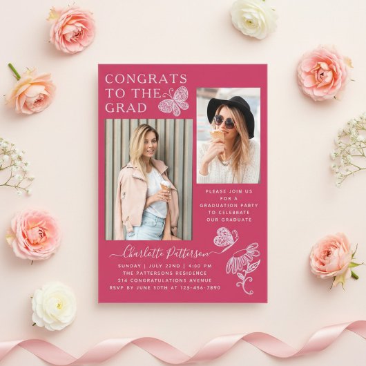 明るい赤紫色モダンバタフライ写真卒業パーティー アクリル招待状