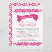 明るい赤紫色モダンピンクの傘女子ベビーシャワー 招待状 (正面/裏面)