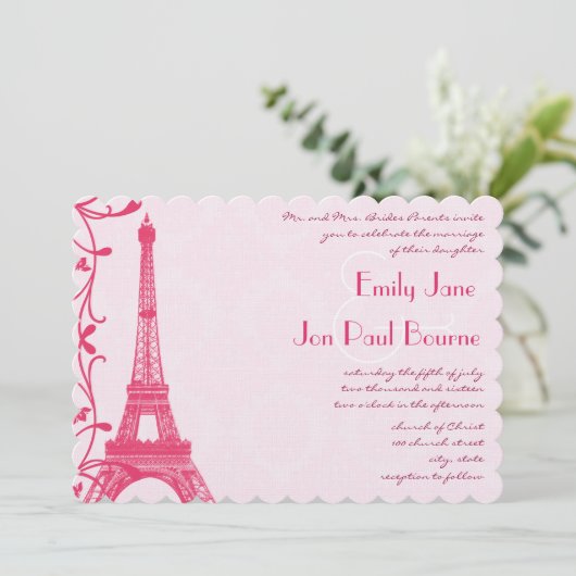明るい赤紫色ラズベリーエッフェルタワー結婚式招待状 招待状 (スタンド正面)