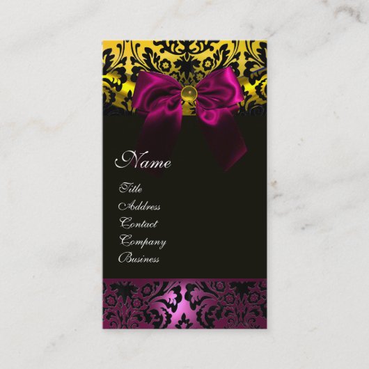 明るい赤紫色リボン黒金ゴールドイエローダマスモノグラム 名刺 (正面)