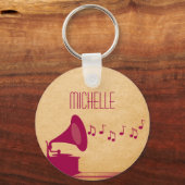 明るい赤紫色ヴィンテージ蓄音器キーチェーン キーホルダー (正面)