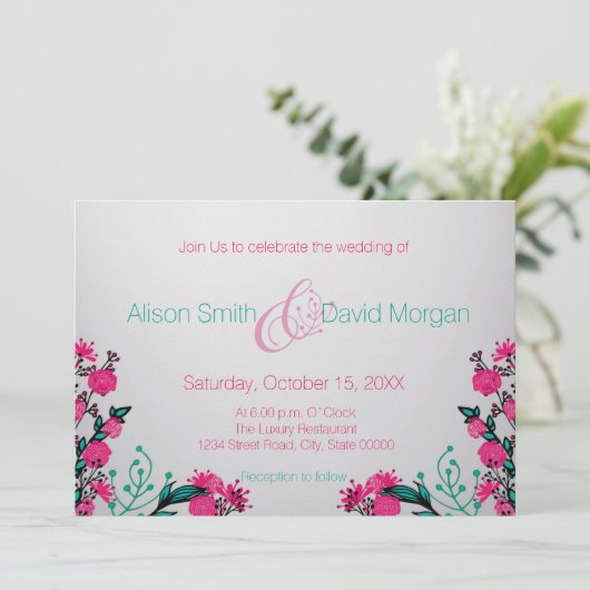 明るい赤紫色及びターコイズ結婚式招待状 招待状 (スタンド正面)