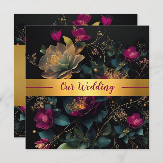 明るい赤紫色及びブルー春庭園の結婚式招待状 招待状 (正面/裏面)