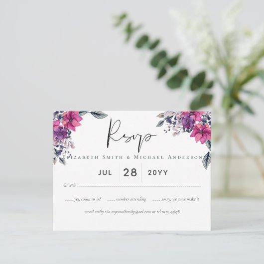 明るい赤紫色夢RSVPポストカードとメニューオプション ポストカード (スタンド正面)